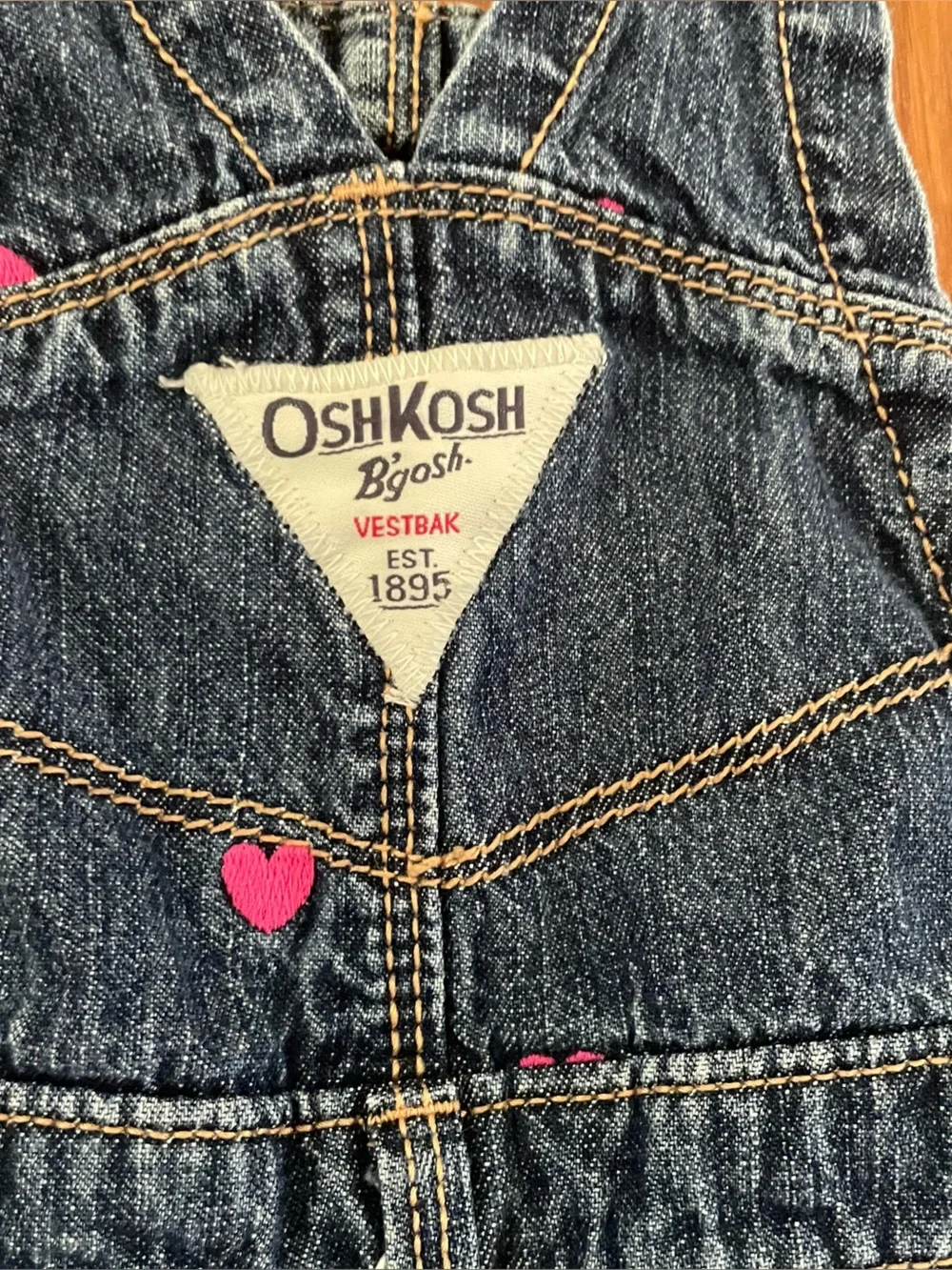 OshKosh B'gosh Dark Blue Denim Overalls with Pink Heart Embroidery
